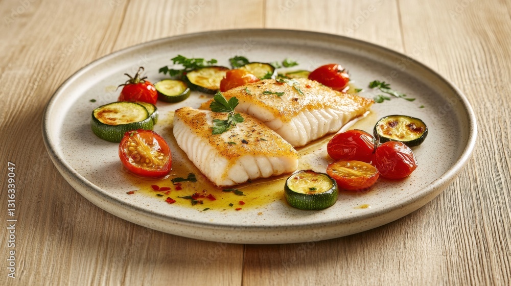 Cod Fillet with Roasted Zucchini and Cherry Tomatoes Cod Fillet with Roasted Zucchini and Cherry Tomatoes