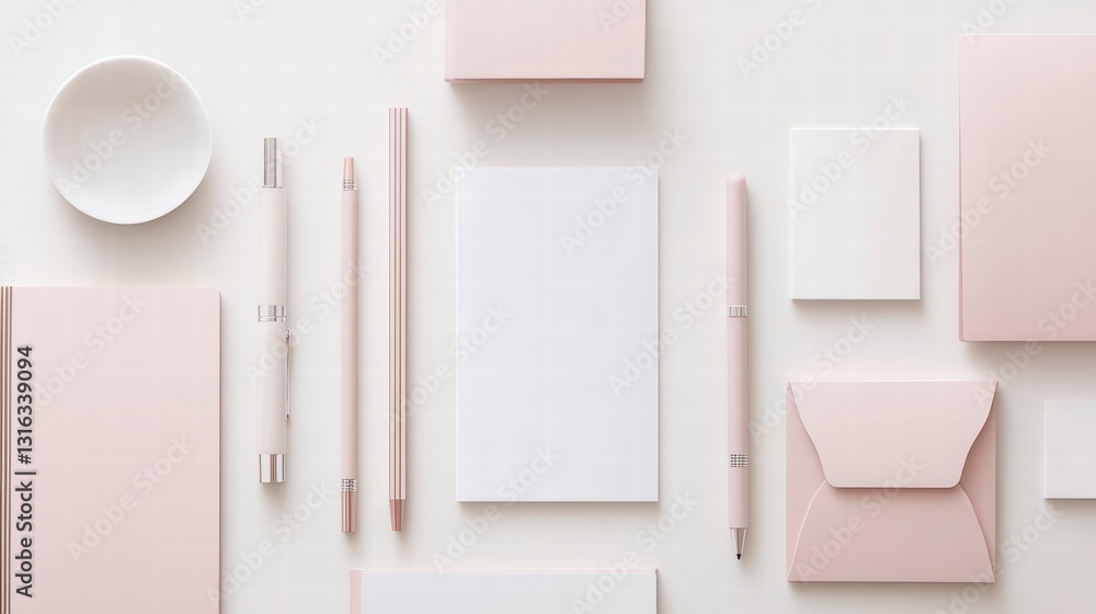 Fototapeta premium Elevated Stationery Set: A sophisticated arrangement of stationery items in a minimalist, top-down perspective, showcasing elegant design and pastel hues.
