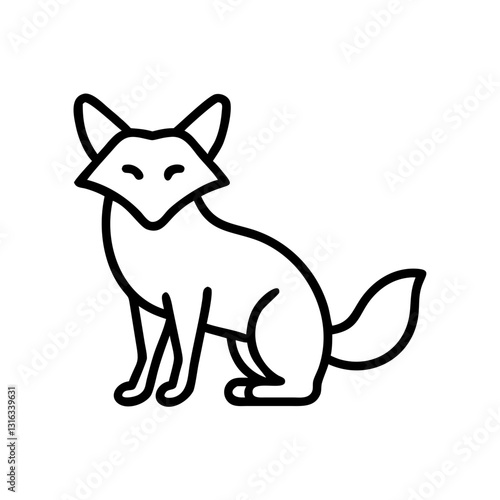 Fox icon sitting and smiling, whimsical design, black outline, modern design