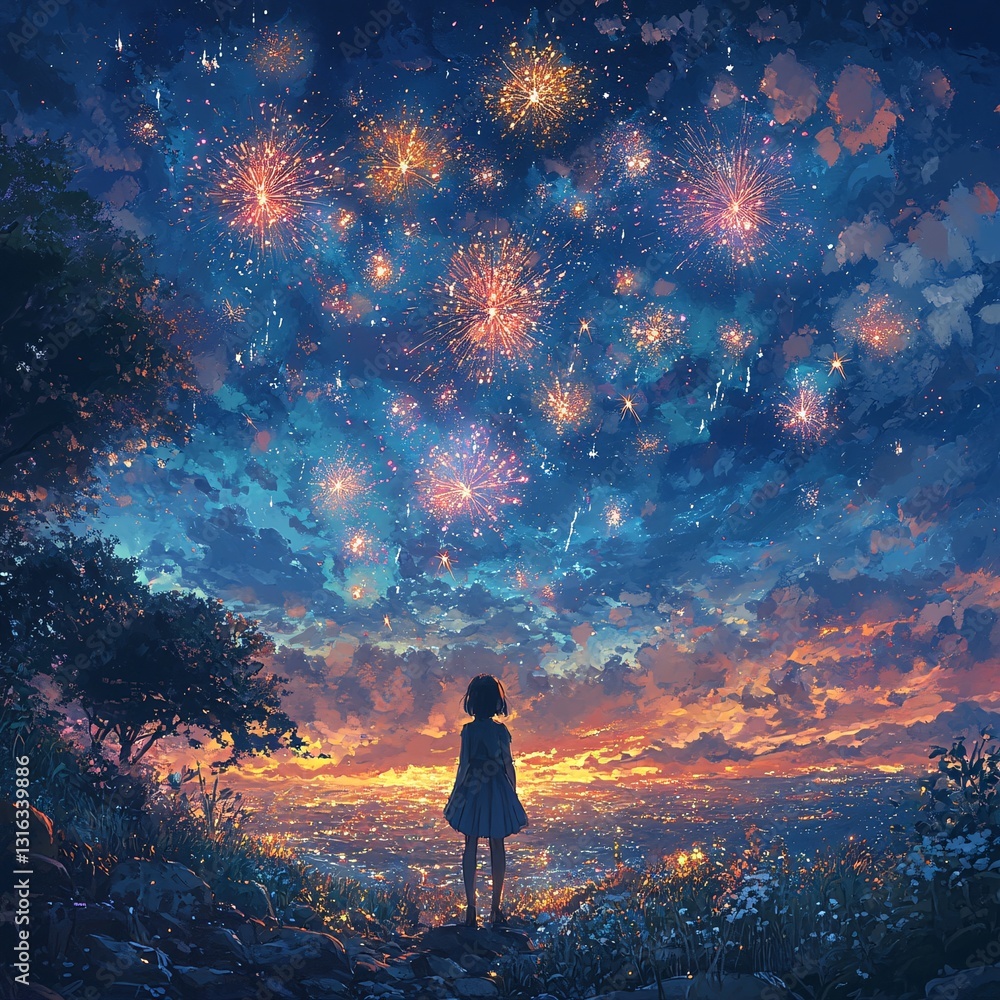 A spark-filled night sky with fireworks exploding A spark-filled night sky with fireworks exploding
