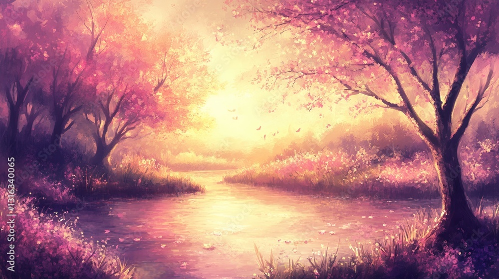Serene Pink Blossom Trees River Sunset Peaceful Landscape Painting art sky calm soft view Serene Pink Blossom Trees River Sunset Peaceful Landscape Painting art sky calm soft view