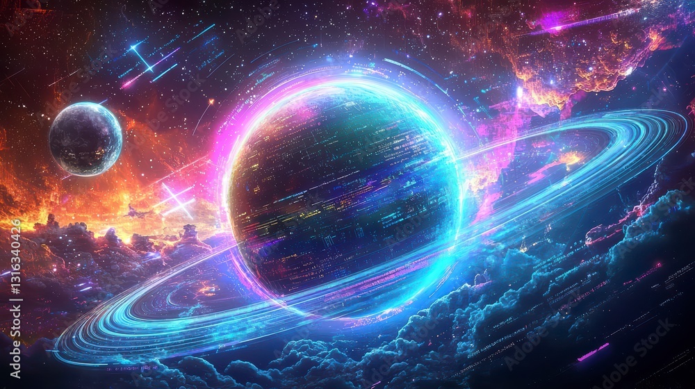 Obraz premium Cosmic Tapestry: A vibrant celestial landscape features a luminous planet, its swirling rings and mesmerizing colors reflecting against a backdrop of shimmering stardust and distant galaxies.