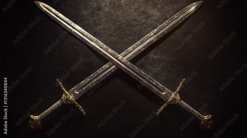 Crossed medieval swords on dark background