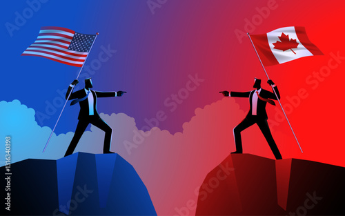Businessmen on opposing cliffs, holding the national flags of the United States and Canada pointing at each other. Symbols of geopolitical tensions and trade policies between the two countries