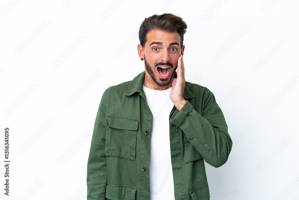 Young caucasian man isolated on white background with surprise and shocked facial expression Young caucasian man isolated on white background with surprise and shocked facial expression