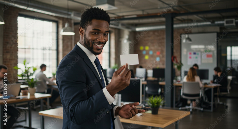 Fototapeta premium Professional hand of a businessman extending a white business card with a firm grip, sharp details, and a modern conference room as the backdrop