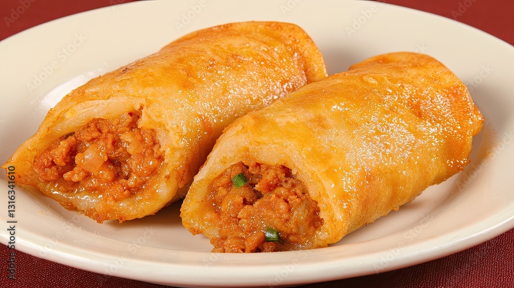 Two Golden Brown Fried Spring Rolls Served on a Cream Plate with Savory Filling and Crispy Texture Ready to be Enjoyed Two Golden Brown Fried Spring Rolls Served on a Cream Plate with Savory Filling and Crispy Texture Ready to be Enjoyed