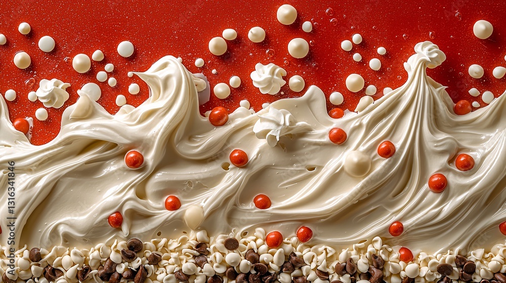 Whipped Cream Texture with Decorative Elements and Red Background Whipped Cream Texture with Decorative Elements and Red Background