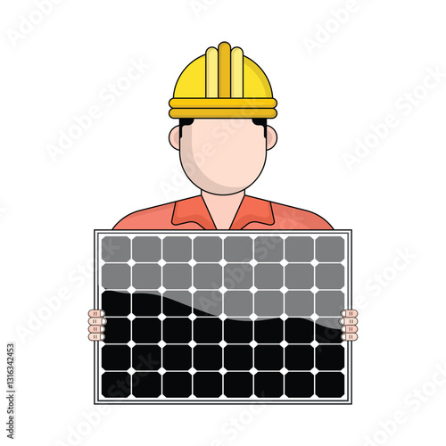 A worker in a yellow hard hat and orange shirt holding a sleek solar panel with black and gray cells, representing renewable energy, sustainability, and construction themes.