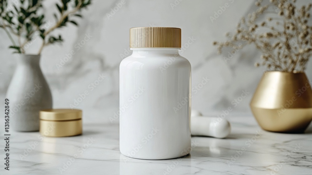 White Pill Bottle with Gold Cap on Marble Surface White Pill Bottle with Gold Cap on Marble Surface