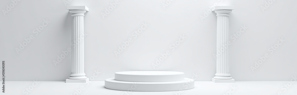 A Sleek White 3d Podium Features Roman And Greek Pillars, Evoking A Sense Of Classic Elegance In A Minimalist Stage Setup. A Sleek White 3d Podium Features Roman And Greek Pillars, Evoking A Sense Of Classic Elegance In A Minimalist Stage Setup.