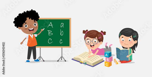 kid writing blackboard chalk teach friend illustration clipart