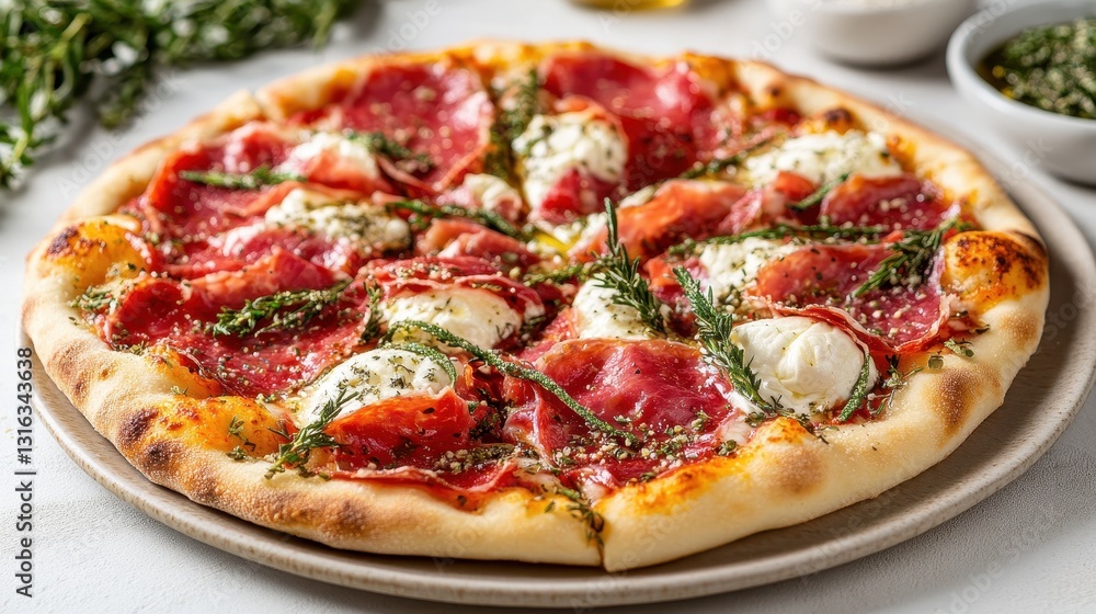 A symphony of flavors and textures unfolds on a pristine white backdrop: thin slices of pizza adorned with crispy prosciutto, creamy burrata cheese, and a drizzle of olive oil, a culinary masterpiece A symphony of flavors and textures unfolds on a pristine white backdrop: thin slices of pizza adorned with crispy prosciutto, creamy burrata cheese, and a drizzle of olive oil, a culinary masterpiece
