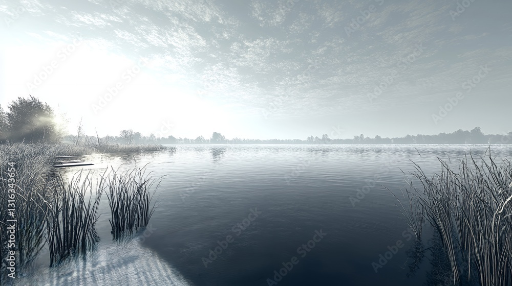Fototapeta premium Serene Winter Lake Landscape, Frosty Reeds, Misty Horizon, Calm Water Reflection, Cold Atmosphere