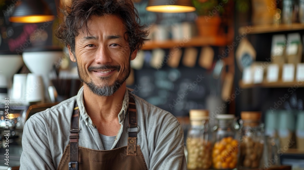 Male Asian Waiter Taking Orders in a Cafe with Soft Focus and Copy Space Male Asian Waiter Taking Orders in a Cafe with Soft Focus and Copy Space