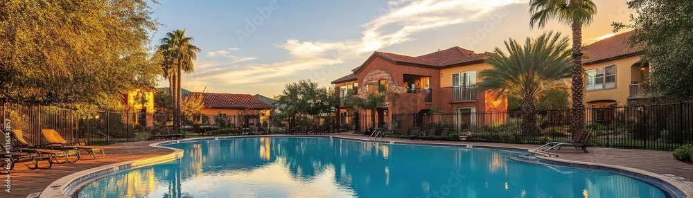 Fototapeta premium Serene Outdoor Pool Scene in Luxury Apartment Complex at Sunset