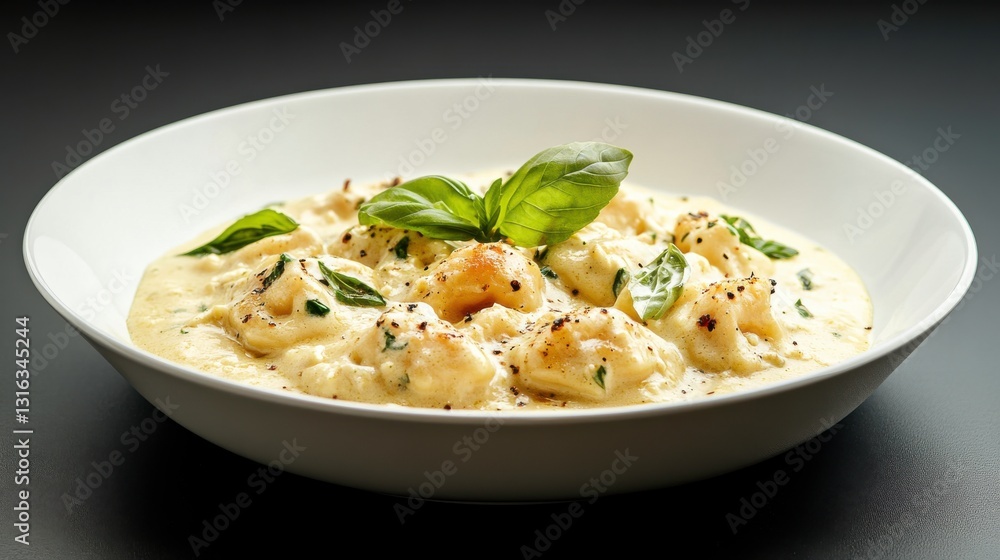 Creamy Garlic Ravioli with Fresh Basil in a Bowl Creamy Garlic Ravioli with Fresh Basil in a Bowl