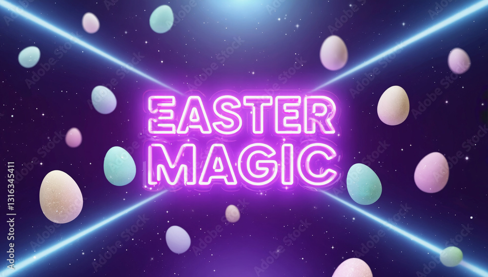 Fototapeta premium Easter Magic Celebration: An enchanting illustration featuring luminous pastel-colored eggs and glowing neon typography spell 