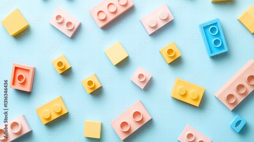 Pastel Plastic Blocks: A delightful scattering of pastel-colored plastic building blocks on a light blue background, creating a playful and colorful pattern. Pastel Plastic Blocks: A delightful scattering of pastel-colored plastic building blocks on a light blue background, creating a playful and colorful pattern.