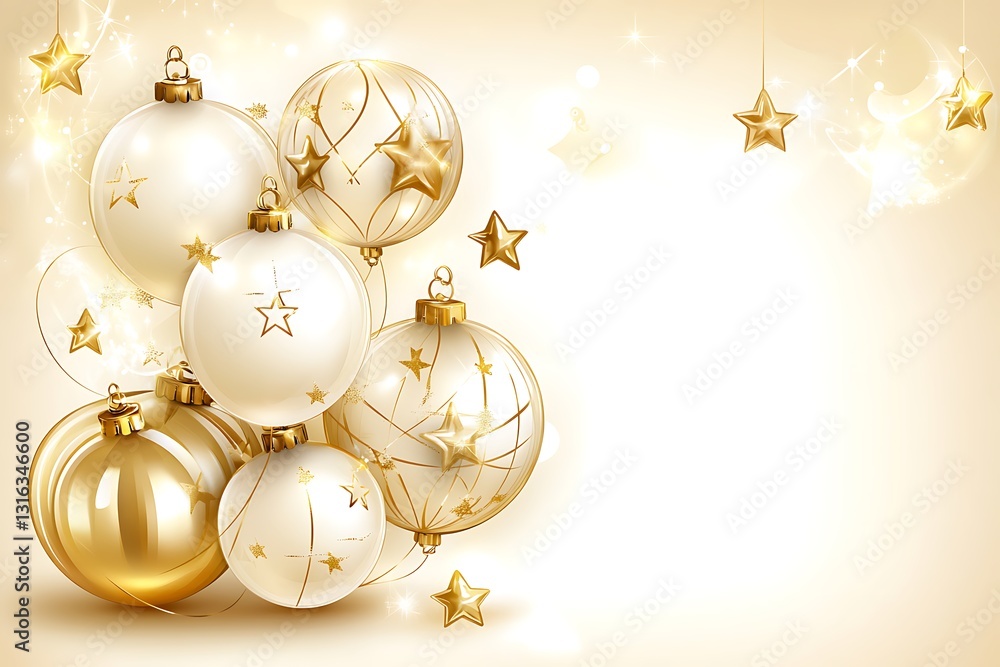 Fototapeta premium Sophisticated Golden and White Christmas Baubles with Star Accents Artwork