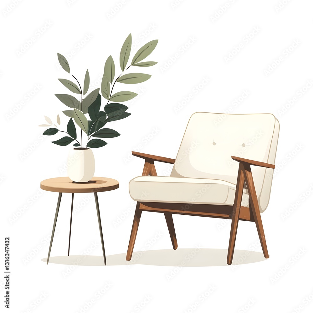 Fototapeta premium Stylish Mid Century Modern Armchair with Minimalist Coffee Table and Houseplant