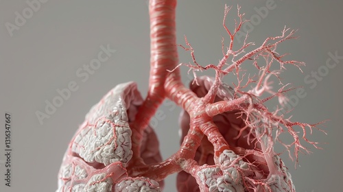An image of a human lung model showing the bronchial tubes and alveoli, against a solid background.