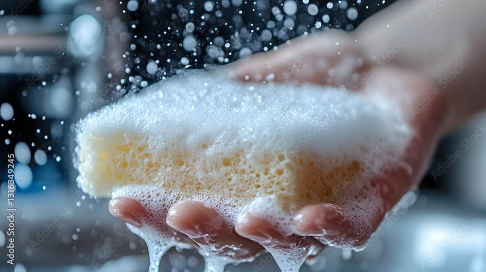 Obraz premium Close up of Hand Holding Sponge with Foamy Detergent Suds for Cleaning