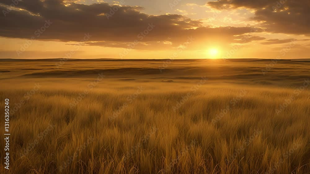 Golden Grassland Sunset: Warm Light, Serene Horizon Golden Grassland Sunset: Warm Light, Serene Horizon