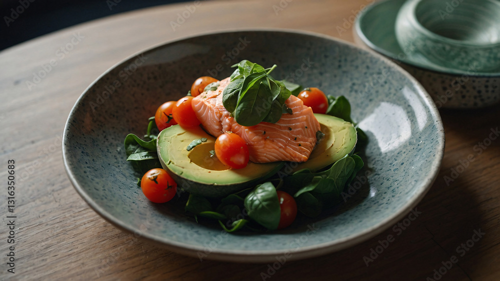 Fresh and healthy raw salmon with creamy avocado ripe tomatoes and fresh basil leaves in a traditional diet presentation food photography wallpaper stock photo for menu Fresh and healthy raw salmon with creamy avocado ripe tomatoes and fresh basil leaves in a traditional diet presentation food photography wallpaper stock photo for menu