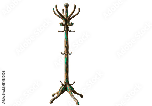 Isolated Antique Wooden Coat Rack with Intricate Carvings