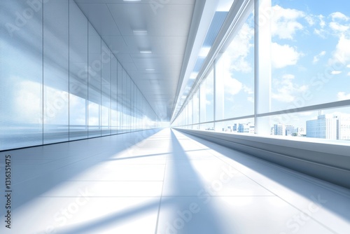 Modern corridor with glass walls and bright blue sky view in an urban setting photo