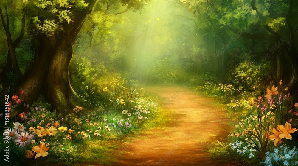 Obraz premium Magical Forest Path Summer Flowers Green Trees Nature art blue woods bloom image photo