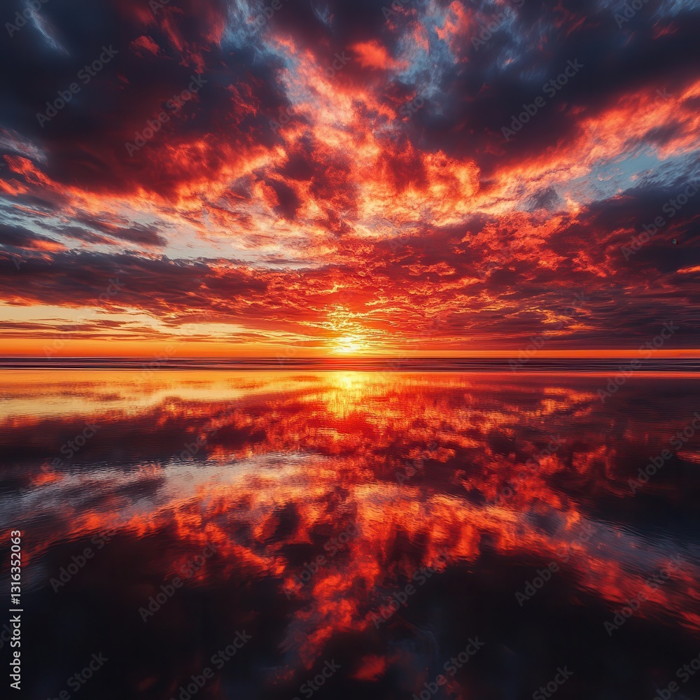 Obraz premium A breathtaking sunset casts vibrant hues of orange, pink, and purple across the sky, with the shimmering water below mirroring the stunning colors, creating a serene and tranquil atmosphere.