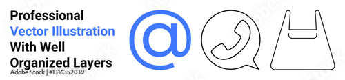 Blue at symbol, outlined WhatsApp logo, and shopping bag icon. Ideal for digital communication, email, messaging apps, e-commerce, marketing, branding UIUX flat landing page banner