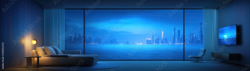 Fototapeta premium Night city view from modern bedroom.