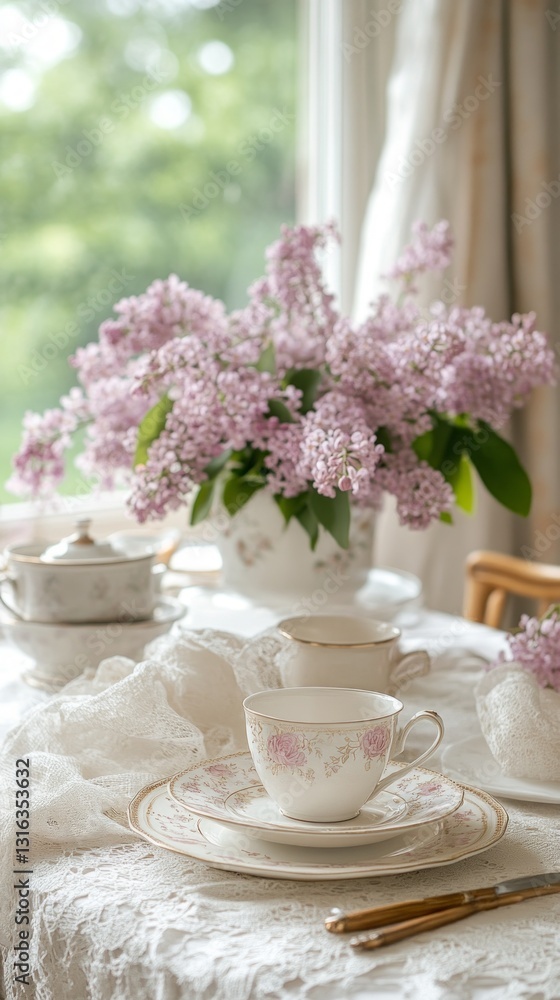 A charming table adorned with fine china and vibrant lilac flowers creates a serene atmosphere. Sunlight filters through, enhancing the tranquil ambiance, perfect for a peaceful afternoon tea A charming table adorned with fine china and vibrant lilac flowers creates a serene atmosphere. Sunlight filters through, enhancing the tranquil ambiance, perfect for a peaceful afternoon tea