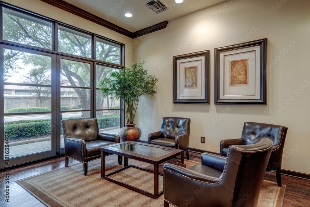 Fototapeta premium Luxurious waiting room with leather chairs, large windows, and artwork.