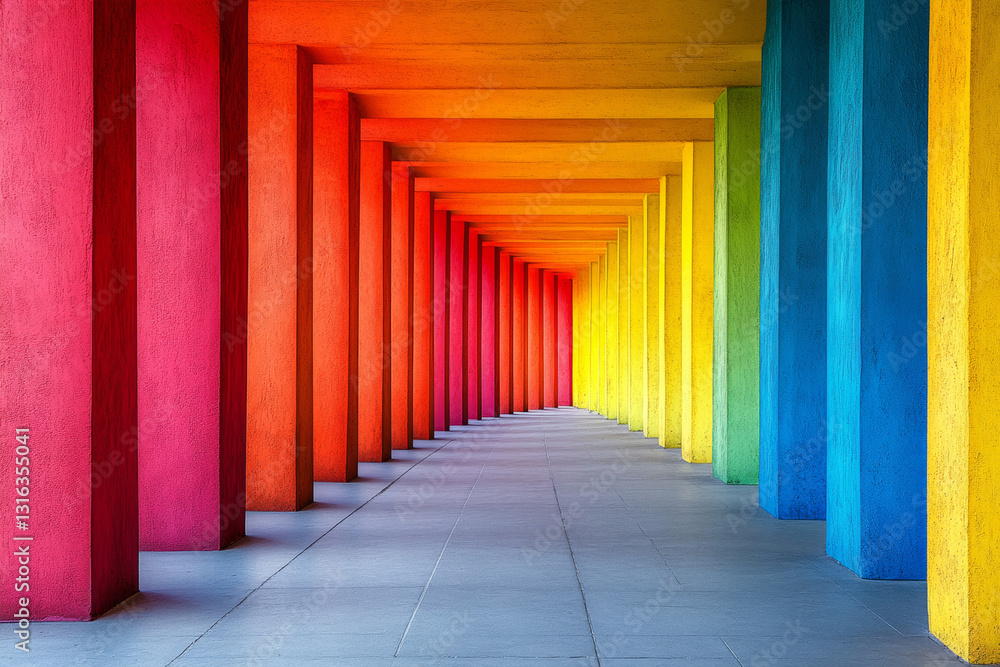 Vibrant rainbow columns create stunning visual pathway in this colorful corridor Vibrant rainbow columns create stunning visual pathway in this colorful corridor