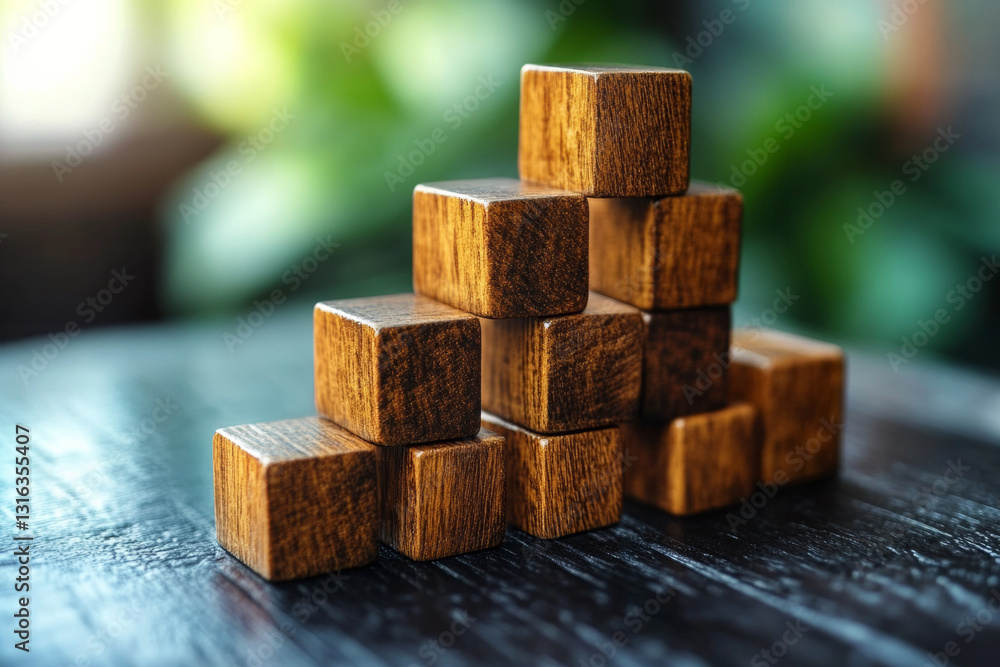 Wooden blocks stacked in pyramid shape on dark table, Business concept. Wooden blocks stacked in pyramid shape on dark table, Business concept.