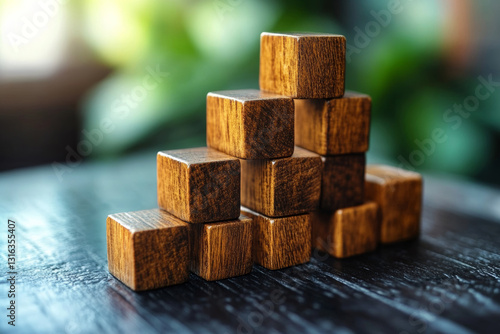 Wallpaper Mural Wooden blocks stacked in pyramid shape on dark table, Business concept. Torontodigital.ca