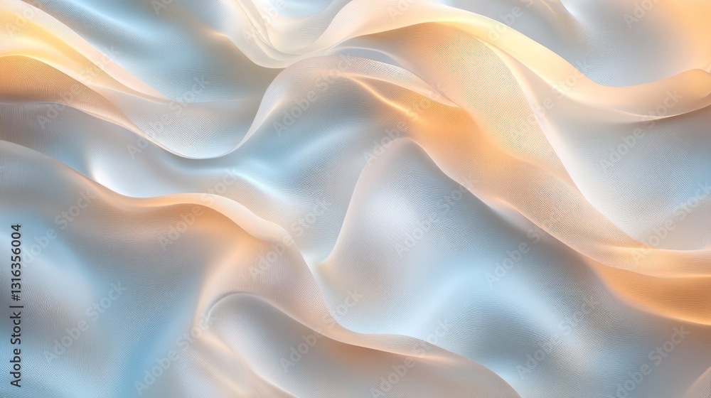 Fototapeta premium Abstract Silk Texture with Flowing Waves in Light Blue, White, and Warm Orange Tones.
