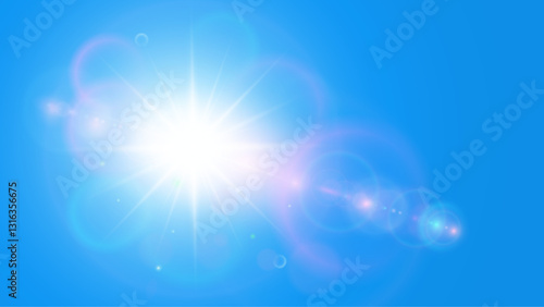 Sun with lens flare on blue sky, hot weather concept, vector summer sunny background.