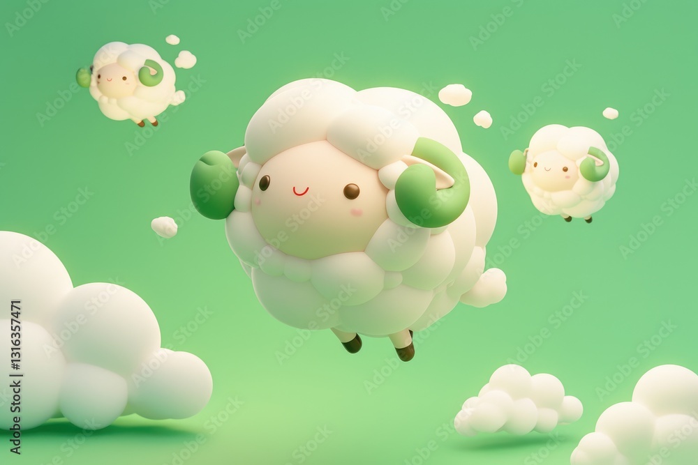 Naklejka premium Three adorable cartoon sheep with fluffy clouds are floating