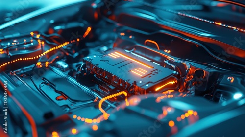 Technology battery high power electric energy with a connected charging cable. Battery to electric cars and mobile devices with clean electric, Green renewable energy battery storage future.