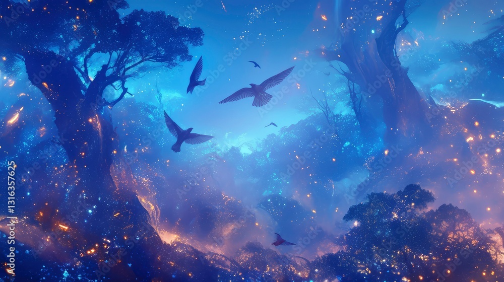 Obraz premium Enchanting Blue Forest with Flying Birds and Glowing Lights