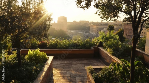 Sunlit Rooftop Garden: Ancient Castle View 