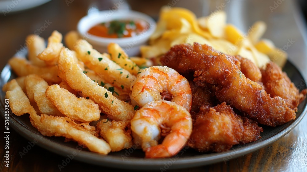 A feast of crispy fried shrimp, juicy chicken, and golden chips, served on a plate, ready to be devoured.