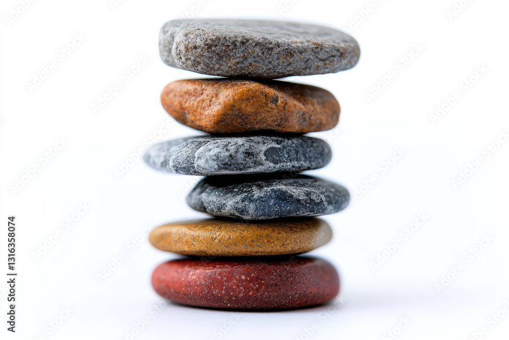 Stacked stones in various colors and textures on white background Stacked stones in various colors and textures on white background
