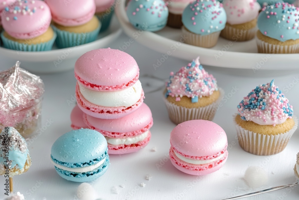 A vibrant dessert table displays an assortment of pink and blue macarons, colorful cake pops, and beautifully decorated cupcakes, perfect for a festive celebration A vibrant dessert table displays an assortment of pink and blue macarons, colorful cake pops, and beautifully decorated cupcakes, perfect for a festive celebration