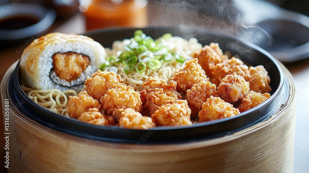 A steaming basket cradles a feast of crispy chicken nuggets, nestled alongside fluffy noodles and a savory Chinese roll, ready to be enjoyed on the go. A steaming basket cradles a feast of crispy chicken nuggets, nestled alongside fluffy noodles and a savory Chinese roll, ready to be enjoyed on the go.